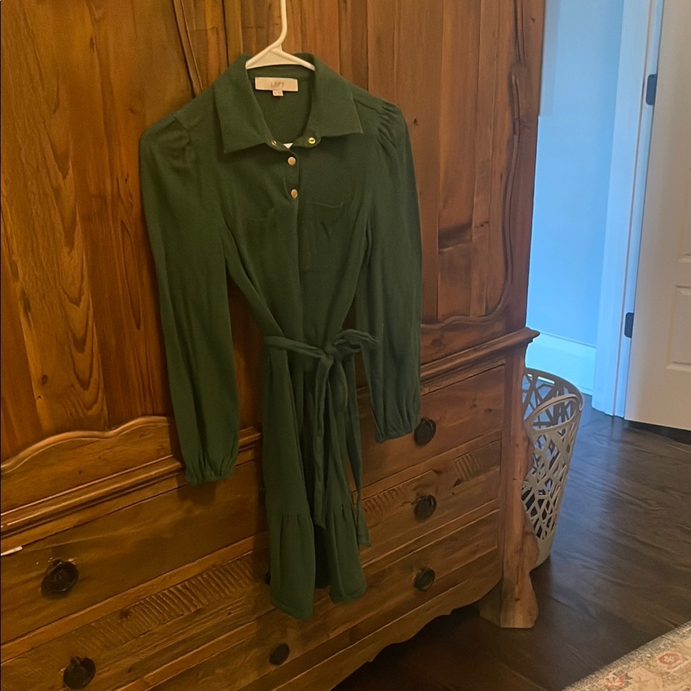 LOFT Forest Green Long Sleeve Shirt Dress with Tie Waist